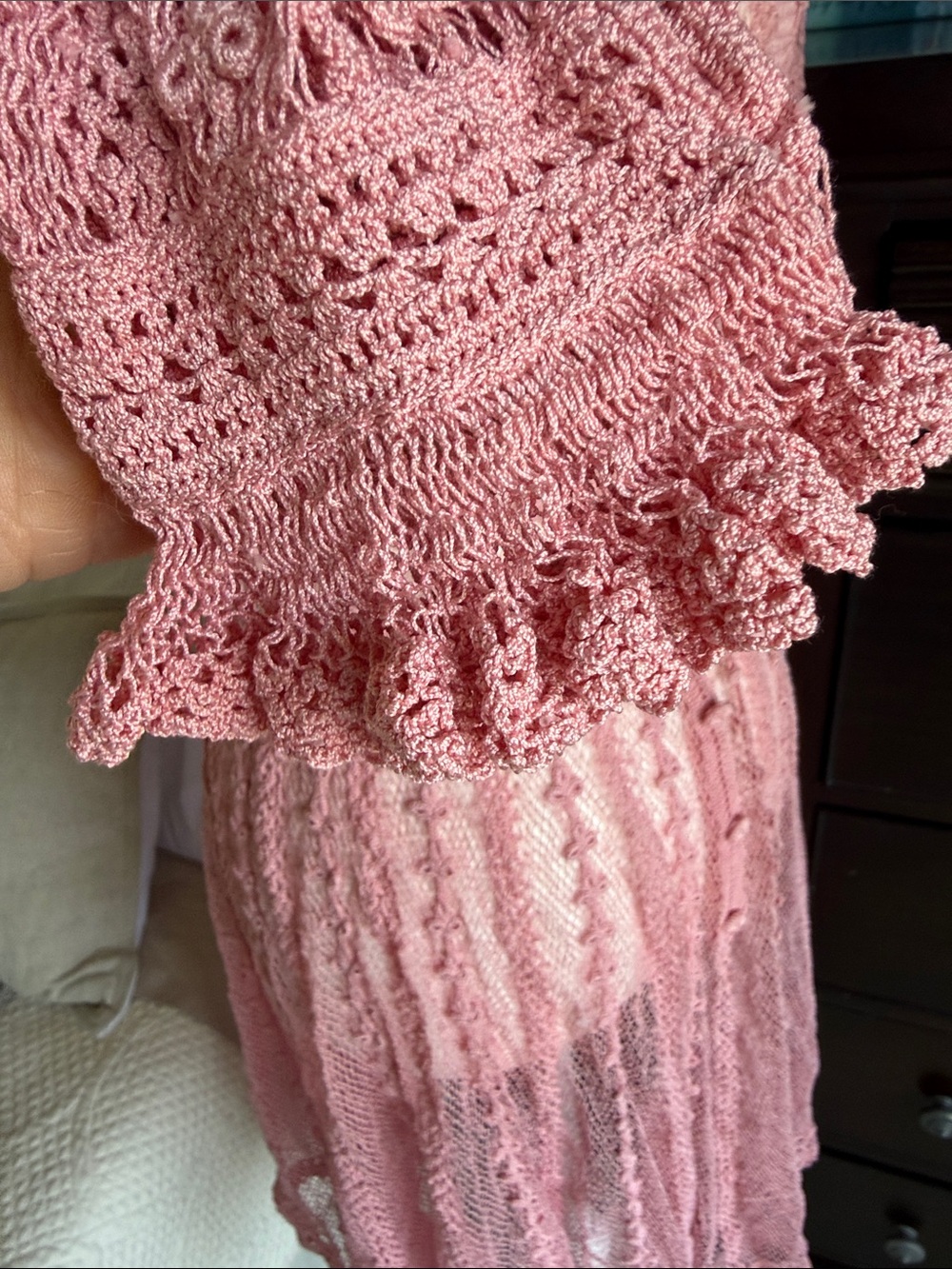 Blush Pink Crochet Vintage Midi Dress - Women's Lace Knit Dress - Picture 11 of 17